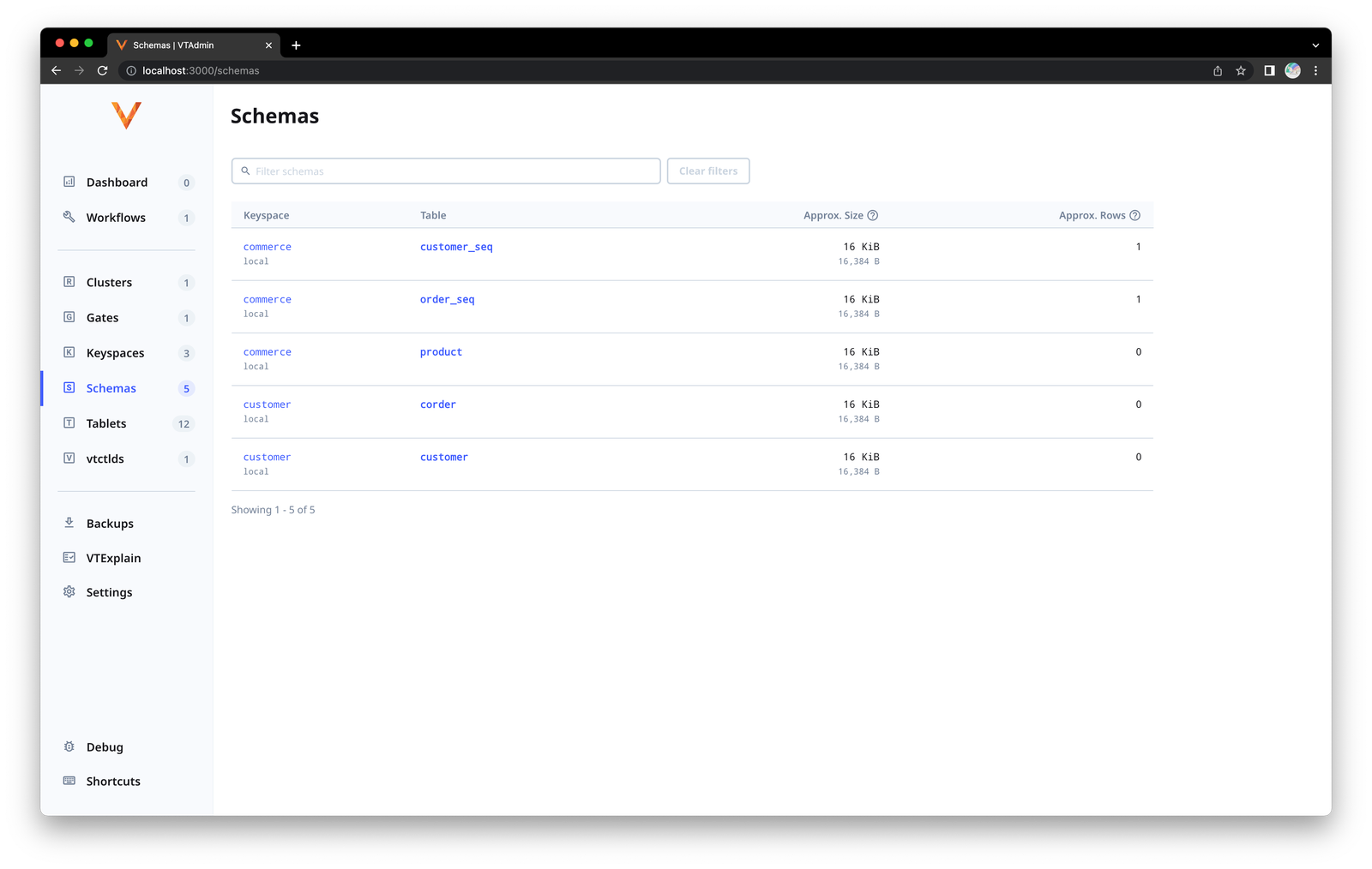 The /schemas page in VTAdmin Web